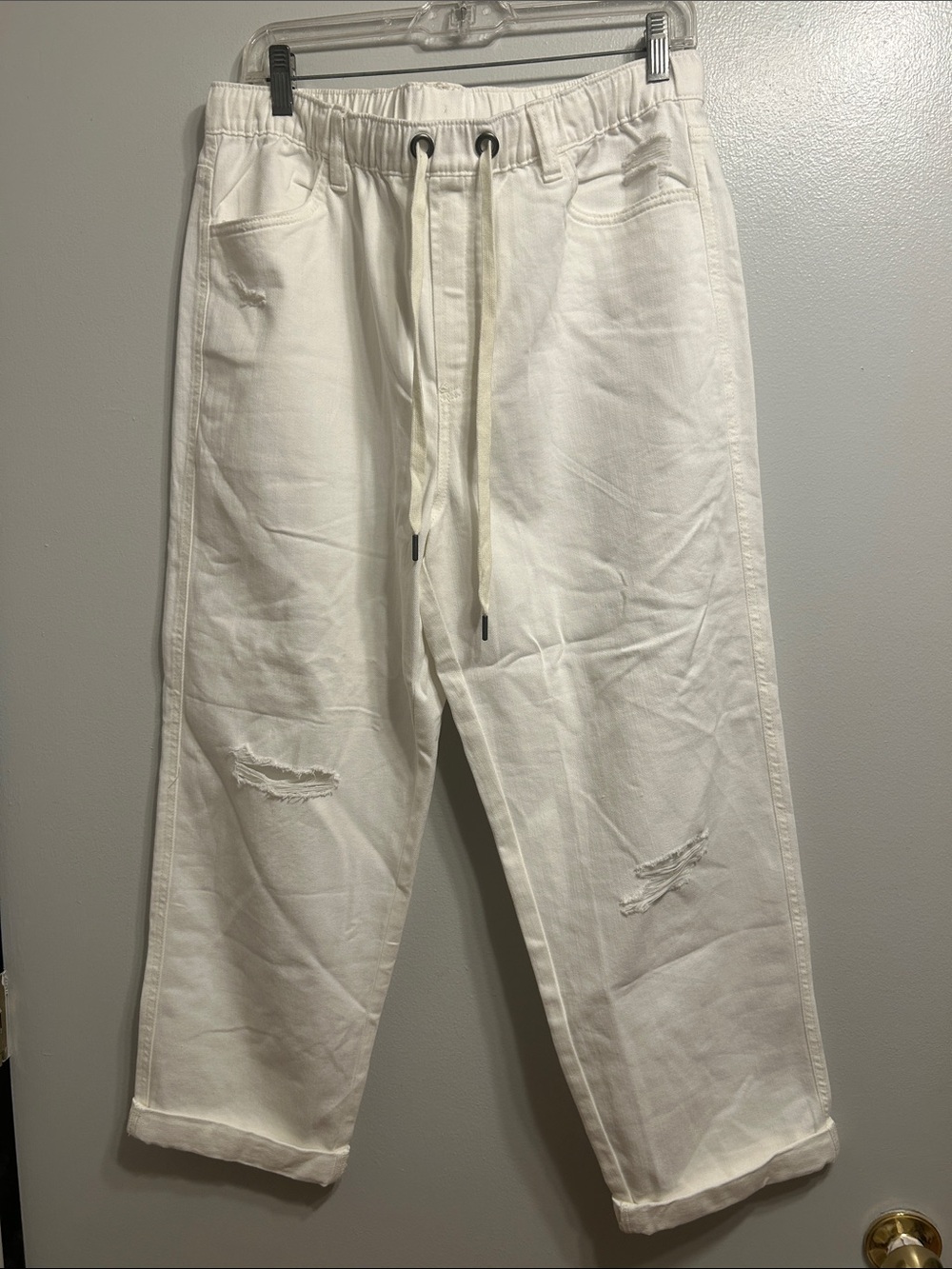 aerie White Cropped Drawstring Distressed Pants